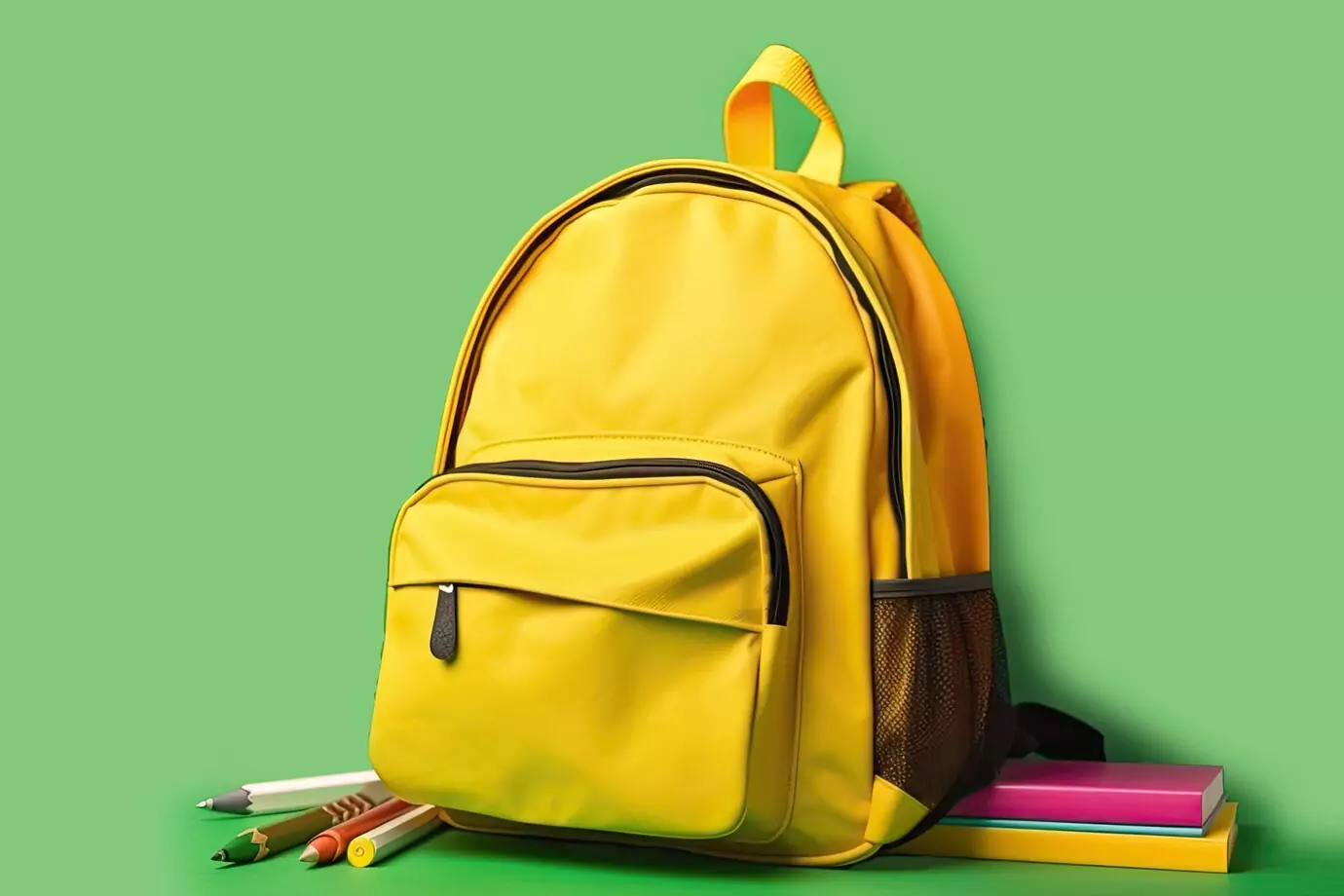 yellow-backpack-school-bag-green-background